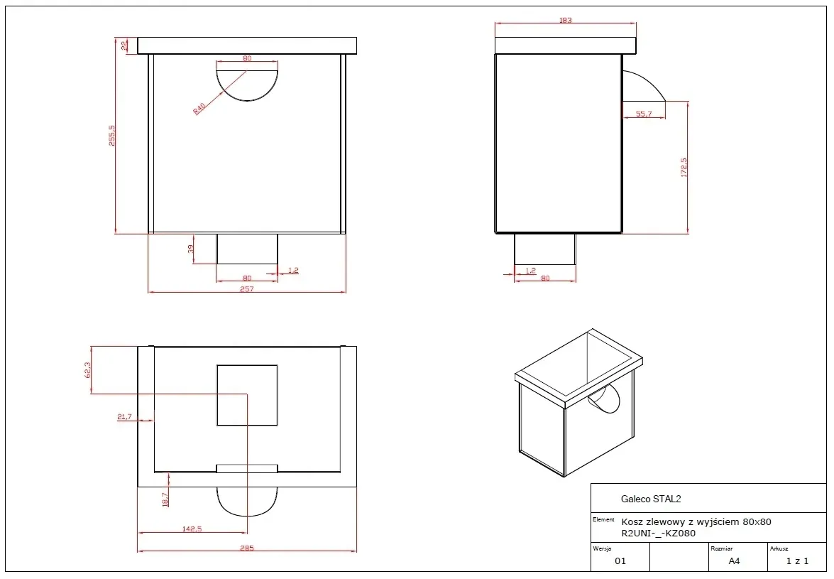 Kosz zlewowy do rury kwadratowej 80x80 ciemnosrebrny 9007 Galeco STAL2